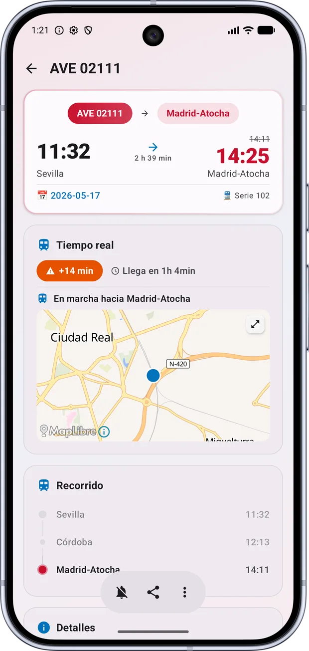 Detalle del tren con retraso, andén y mapa en tiempo real en Android