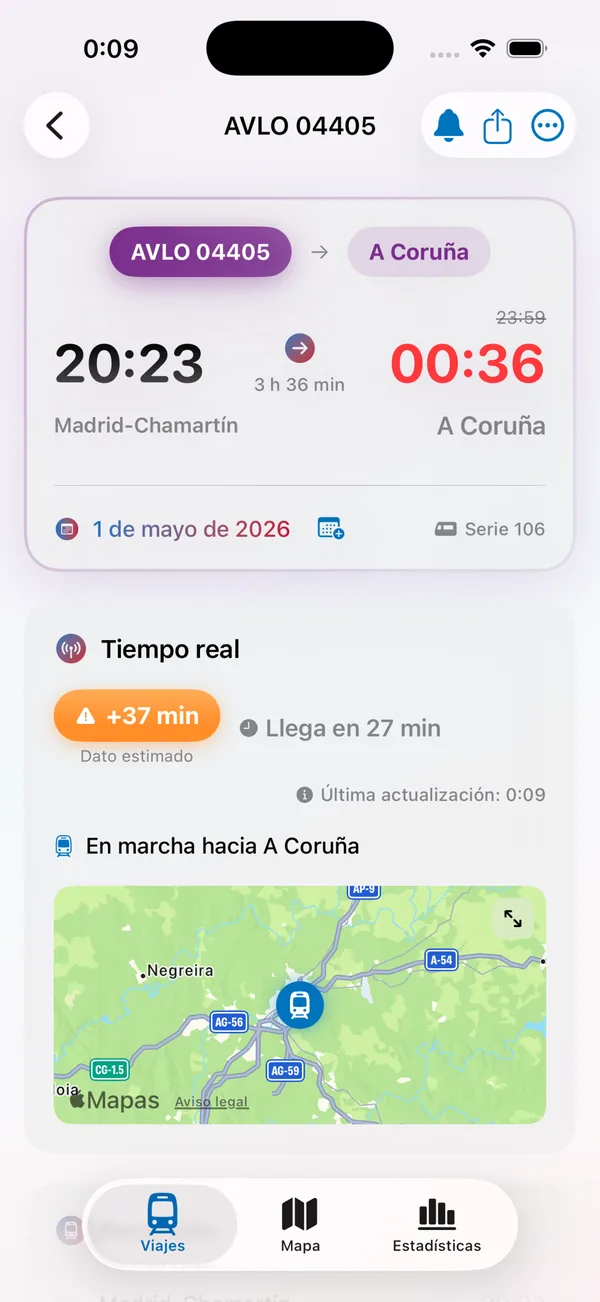 Detalle del tren con retraso y andén en tiempo real