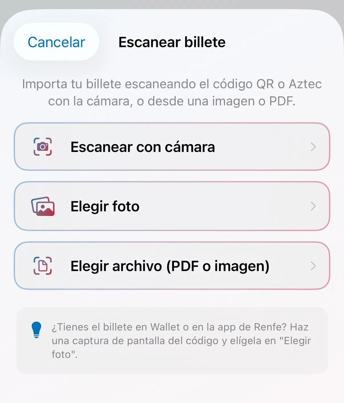 Pantalla para importar un billete escaneando el código QR o Aztec en Trenecitos