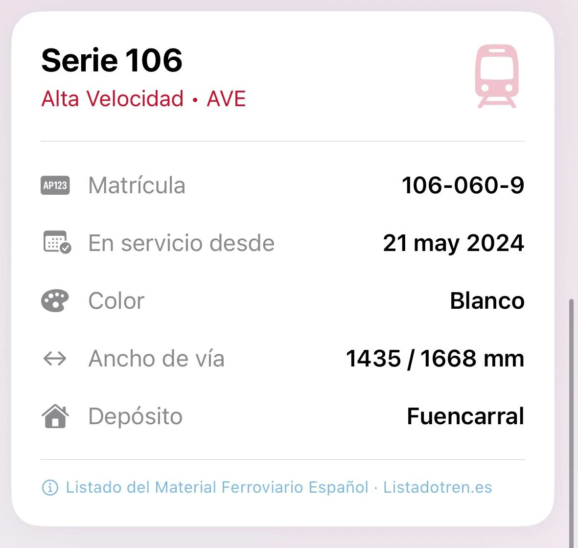 Detalle del material rodante del tren en Trenecitos: serie, matrícula, fecha de servicio y depósito